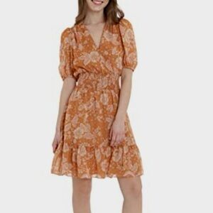 Donna Morgan Bronze Orange Floral Pink Paisley Ruffled Mini Dress Casual sz 10